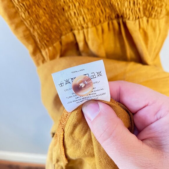 Faithfull The Brand Womens XS Mustard Linen Midi Dress With Bow & Button Detail - Picture 6 of 6